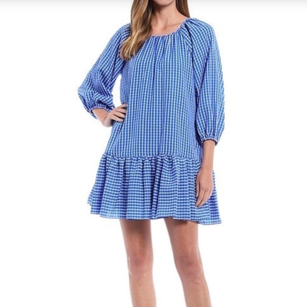 Ltd NWT Rachel Ruffle Seersucker Swing Dress Size 8 in Blue and White